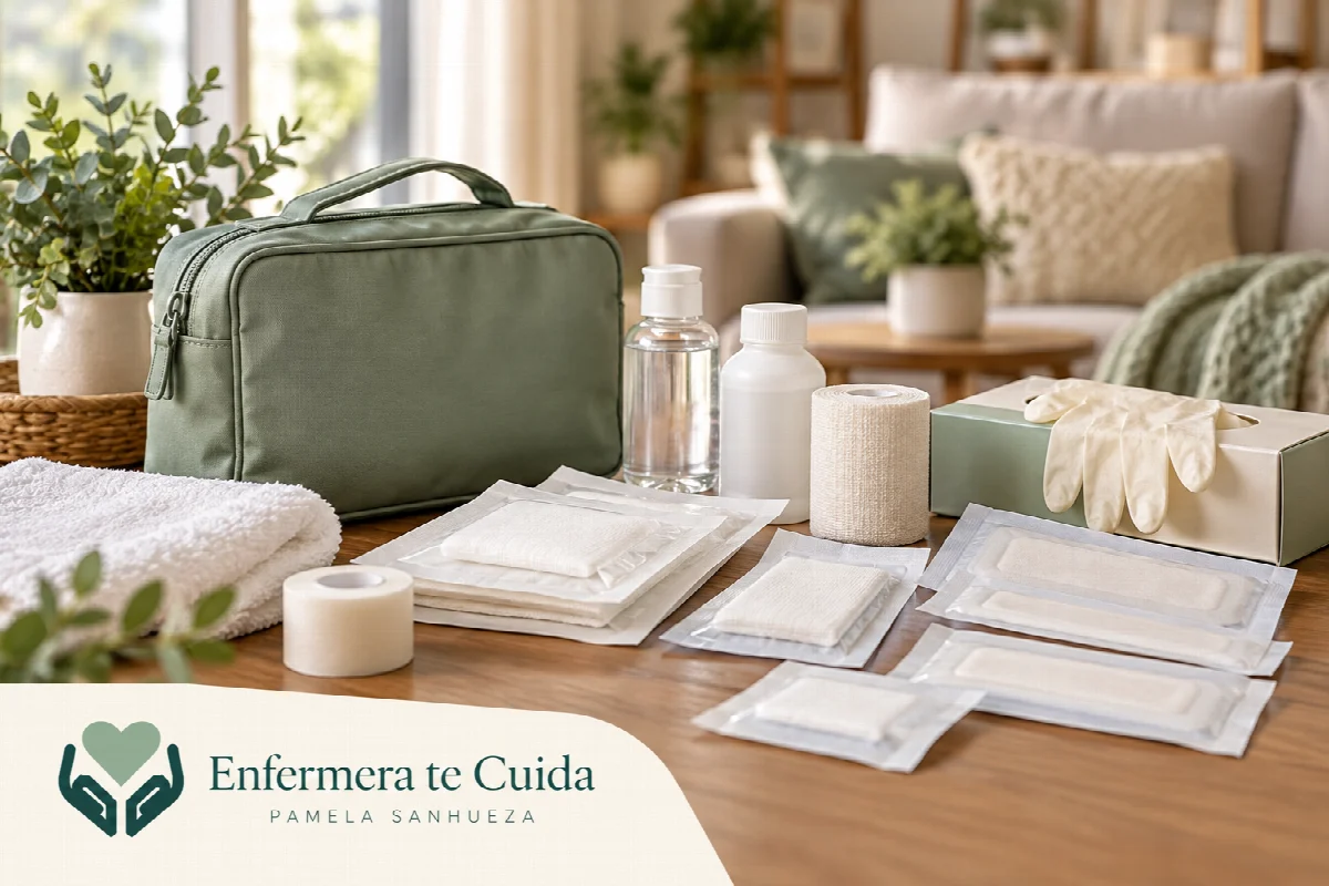Imagen ilustrativa de insumos de curación organizados en un hogar, con el logo de Enfermera te Cuida.