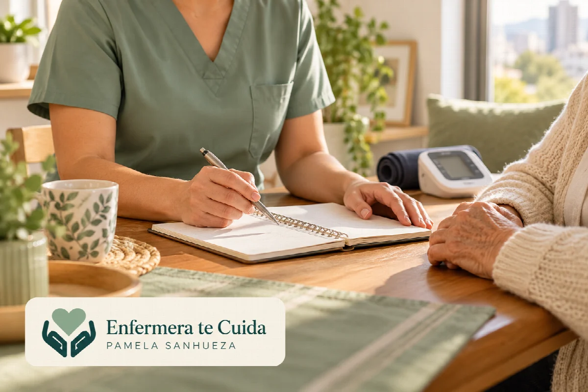 Imagen ilustrativa de una visita de enfermería en el hogar, con el logo de Enfermera te Cuida.