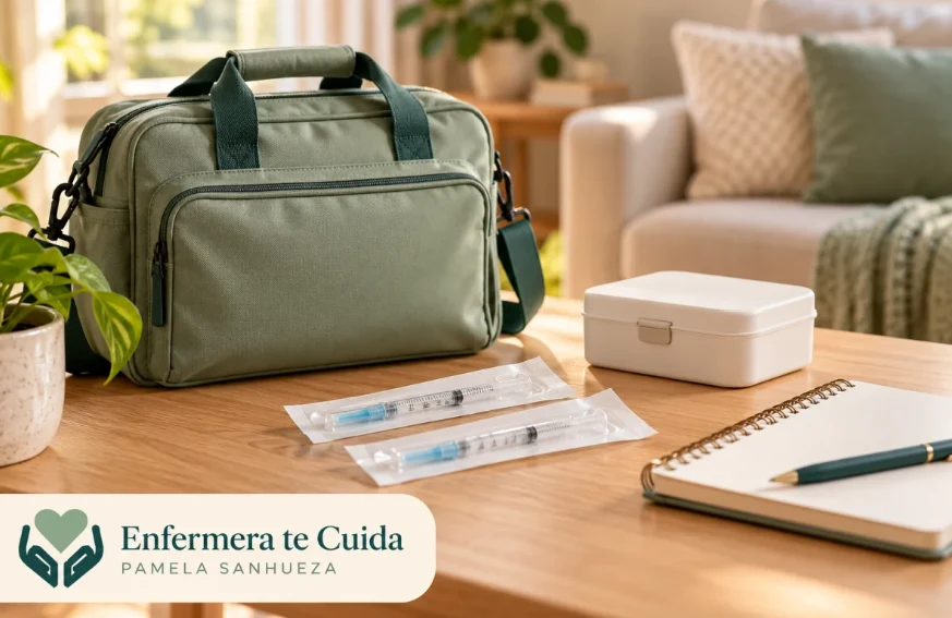 Bolso de enfermería, jeringas selladas y libreta sobre una mesa de hogar: preparación para inyecciones a domicilio en Santiago con Enfermera te Cuida.
